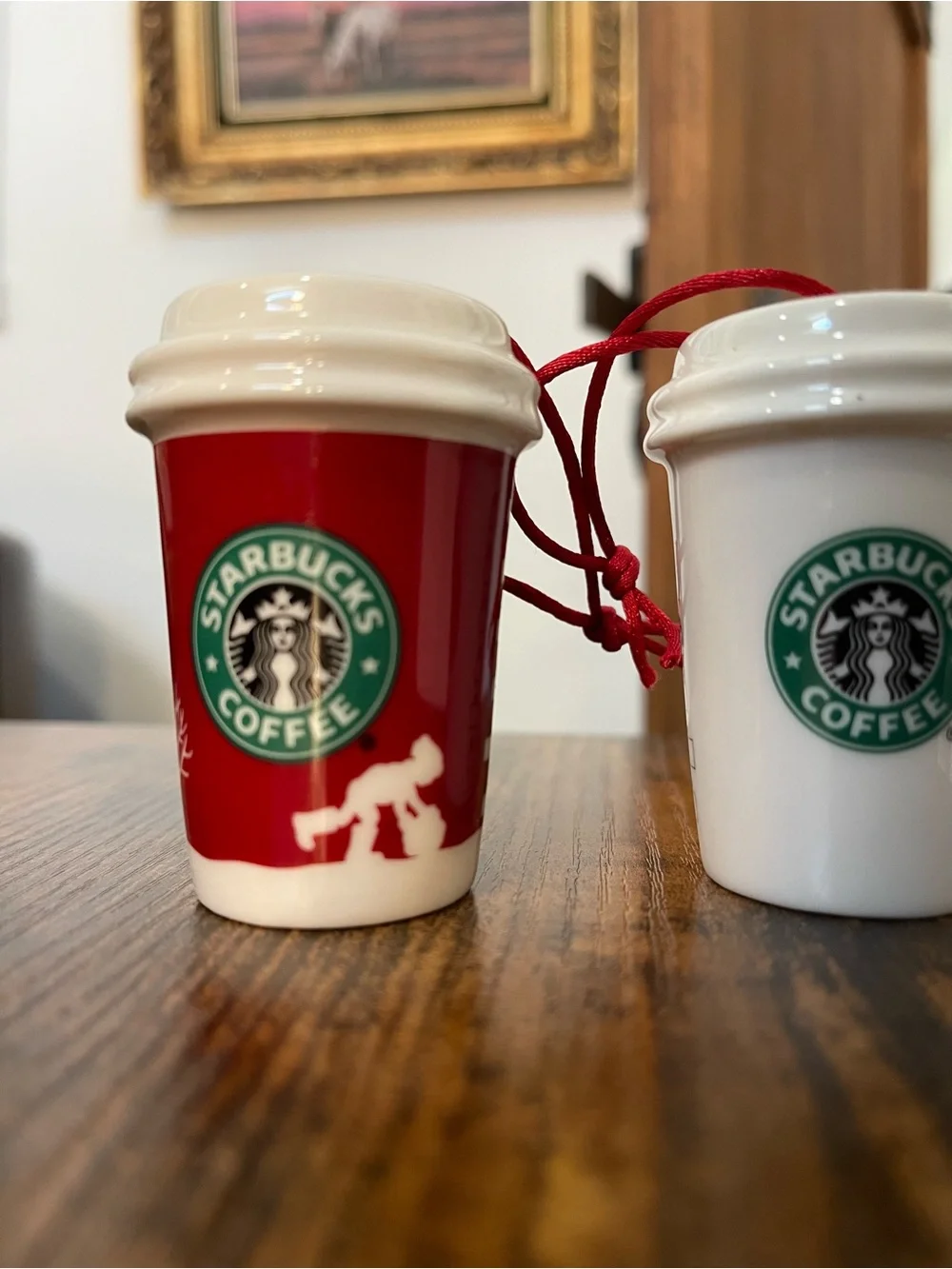Starbucks Red & White Ceramic Coffee Cup Ornaments with Logo